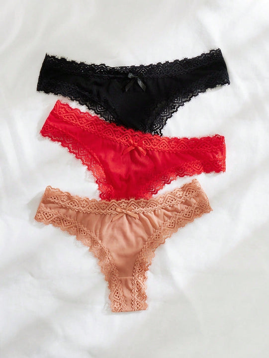 3 piezas Tanga con encaje en contraste con lazo delantero