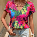 VCAY Blusa con estampado tropical con abertura de manga murcielago