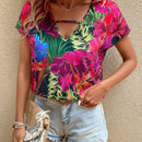 VCAY Blusa con estampado tropical con abertura de manga murcielago