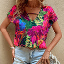 VCAY Blusa con estampado tropical con abertura de manga murcielago