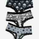 ROMWE Grunge Punk 3 piezas Set bragas de craneo & con estampado de estrella con encaje en contraste