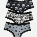 ROMWE Grunge Punk 3 piezas Set bragas de craneo & con estampado de estrella con encaje en contraste