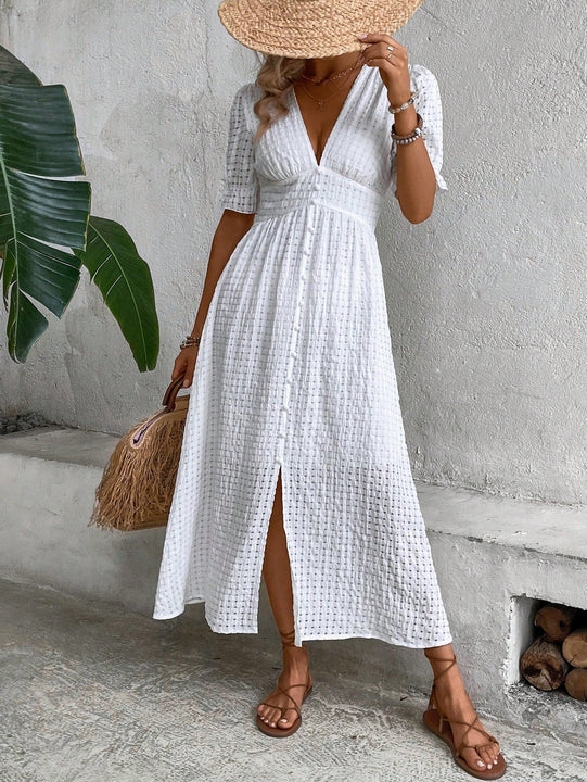 VCAY Vestido de manga farol con boton delantero