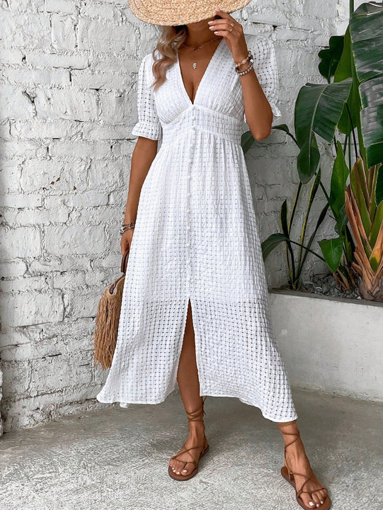 VCAY Vestido de manga farol con boton delantero