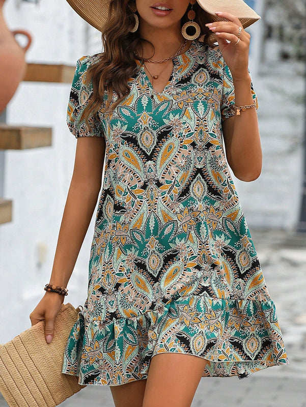 VCAY Vestido smock con estampado de manga farol bajo con fruncido