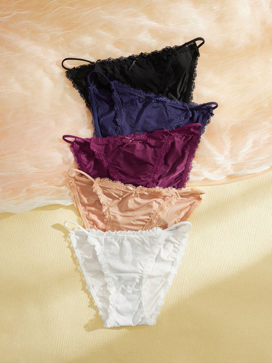 5 piezas Bragas con encaje en contraste con lazo delantero