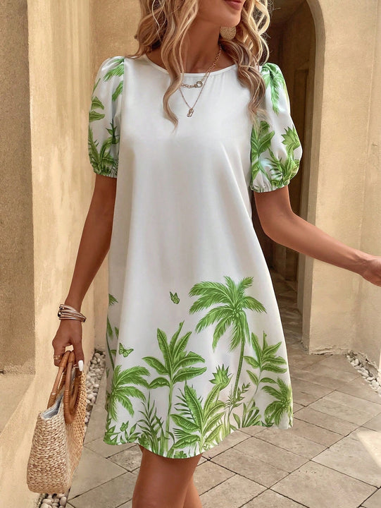 VCAY Vestido tunico con estampado tropical de manga farol