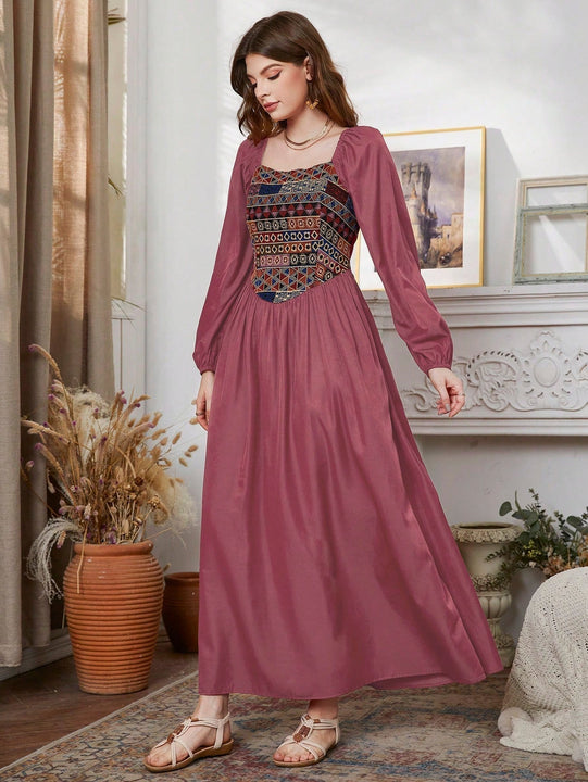 Mulvari Vestido con bordado geometrico de manga farol de cuello cuadrado