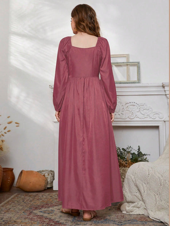 Mulvari Vestido con bordado geometrico de manga farol de cuello cuadrado