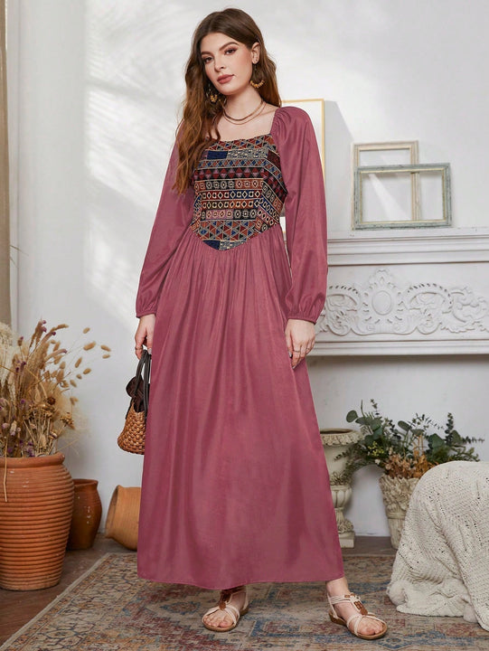 Mulvari Vestido con bordado geometrico de manga farol de cuello cuadrado