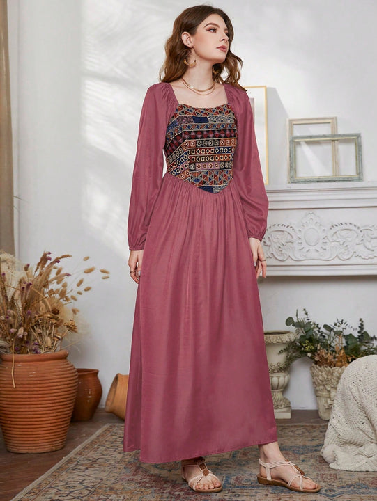 Mulvari Vestido con bordado geometrico de manga farol de cuello cuadrado