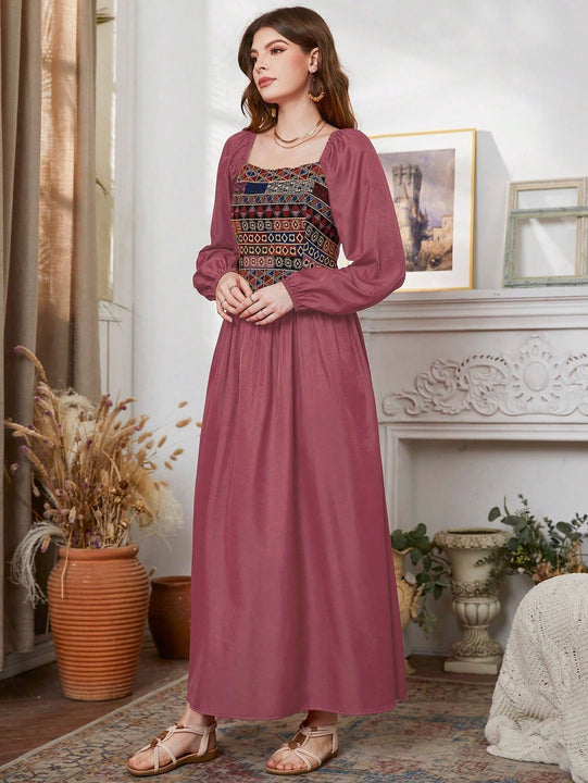 Mulvari Vestido con bordado geometrico de manga farol de cuello cuadrado