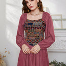 Mulvari Vestido con bordado geometrico de manga farol de cuello cuadrado