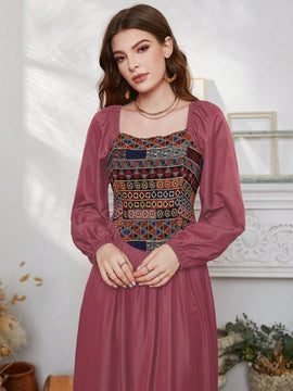 Mulvari Vestido con bordado geometrico de manga farol de cuello cuadrado