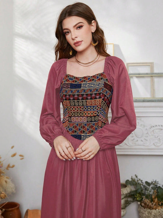Mulvari Vestido con bordado geometrico de manga farol de cuello cuadrado