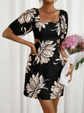 Vestido con estampado floral de cuello cuadrado de manga farol de cintura con abertura
