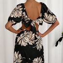 Vestido con estampado floral de cuello cuadrado de manga farol de cintura con abertura