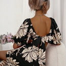 Vestido con estampado floral de cuello cuadrado de manga farol de cintura con abertura