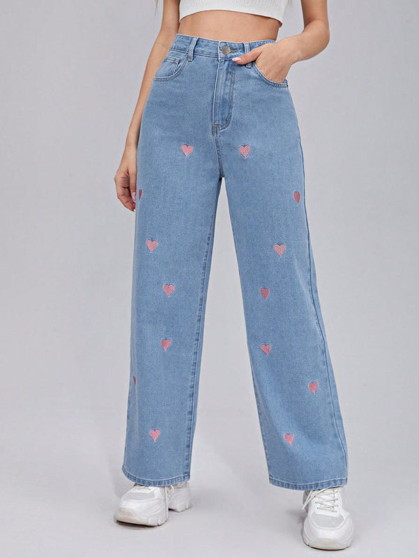 Frenchy Jeans de pierna ancha con corazon con bordado con cremallera