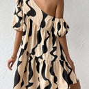 Prive Vestido smock con estampado de cuello asimetrico de manga farol bajo con fruncido