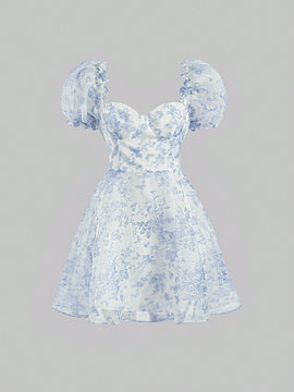MOD Vestido con estampado floral escote corazon de manga farol