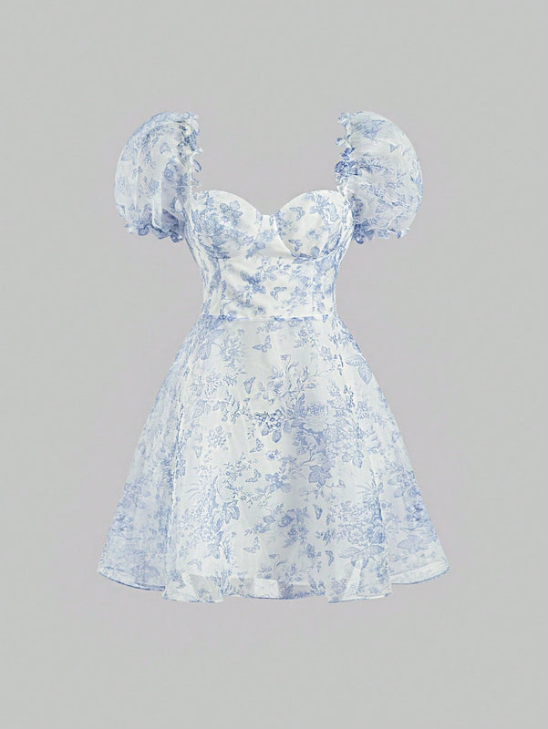 MOD Vestido con estampado floral escote corazon de manga farol