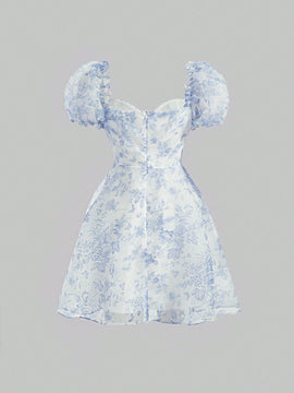 MOD Vestido con estampado floral escote corazon de manga farol