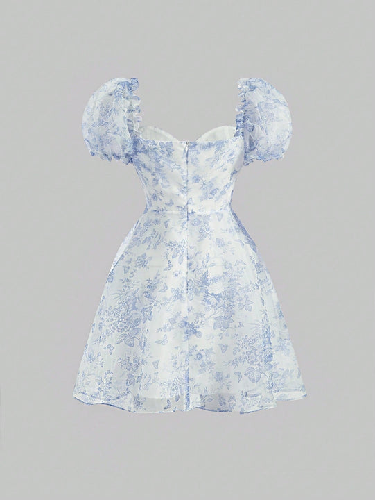 MOD Vestido con estampado floral escote corazon de manga farol