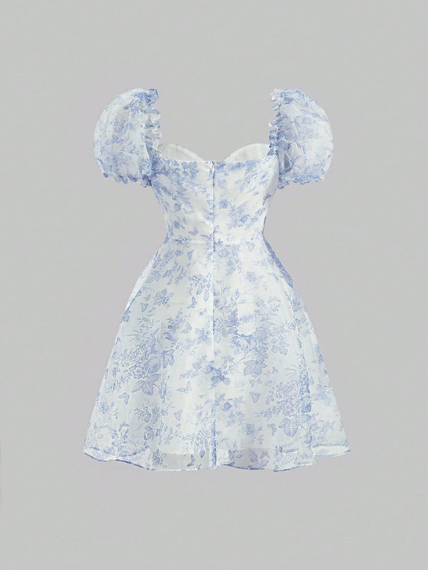 MOD Vestido con estampado floral escote corazon de manga farol
