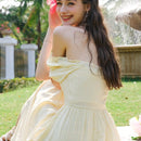 Vestido corpino con fruncido de manga farol