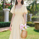 Vestido corpino con fruncido de manga farol