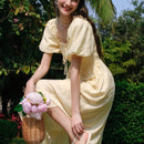 Vestido corpino con fruncido de manga farol