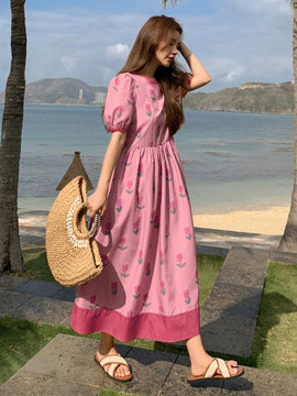 DAZY Vestido con estampado floral ribete en contraste de manga farol