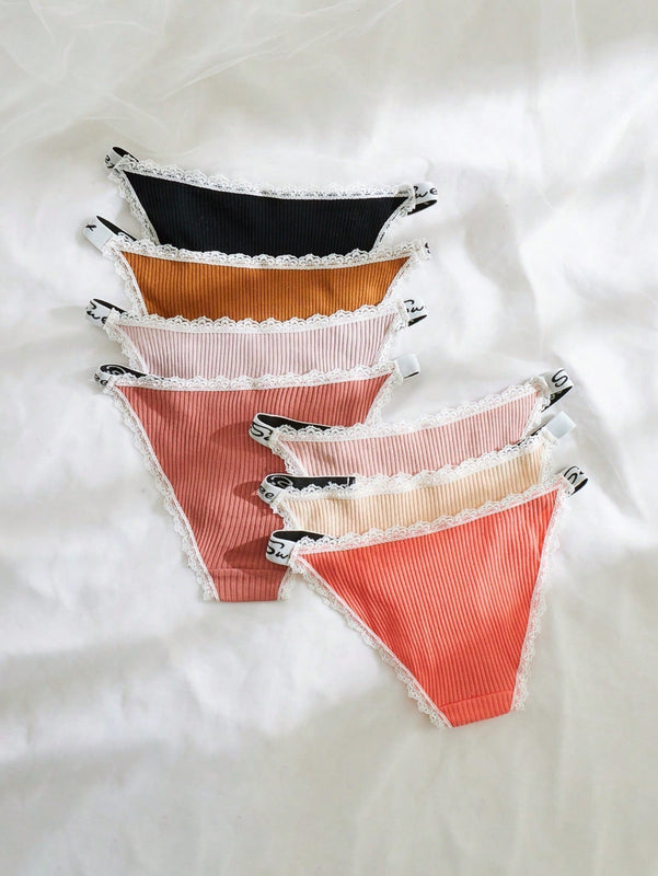 7 piezas Bragas con estampado de letra ribete con encaje tejido de canale