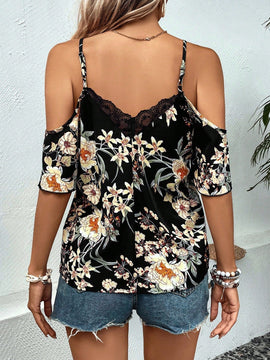 LUNE Blusa con estampado floral de hombros descubiertos con encaje en contraste