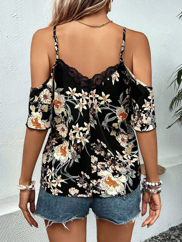 LUNE Blusa con estampado floral de hombros descubiertos con encaje en contraste