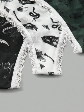 ROMWE Goth 3 piezas Set tanga serpiente & con estampado de mariposa con encaje en contraste
