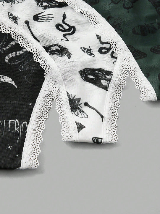 ROMWE Goth 3 piezas Set tanga serpiente & con estampado de mariposa con encaje en contraste