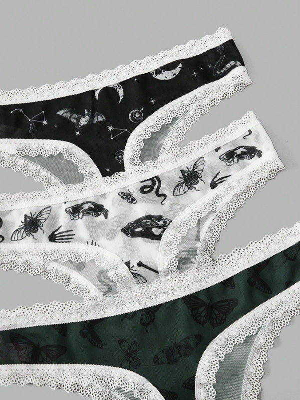 ROMWE Goth 3 piezas Set tanga serpiente & con estampado de mariposa con encaje en contraste