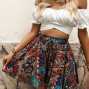 LUNE Shorts de pierna ancha con estampado de paisley de cintura con volante con nudo delantero
