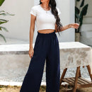 Essnce pantalones casuales sueltos de pierna ancha con bolsillos y cintura fruncida de unicolor para mujeres