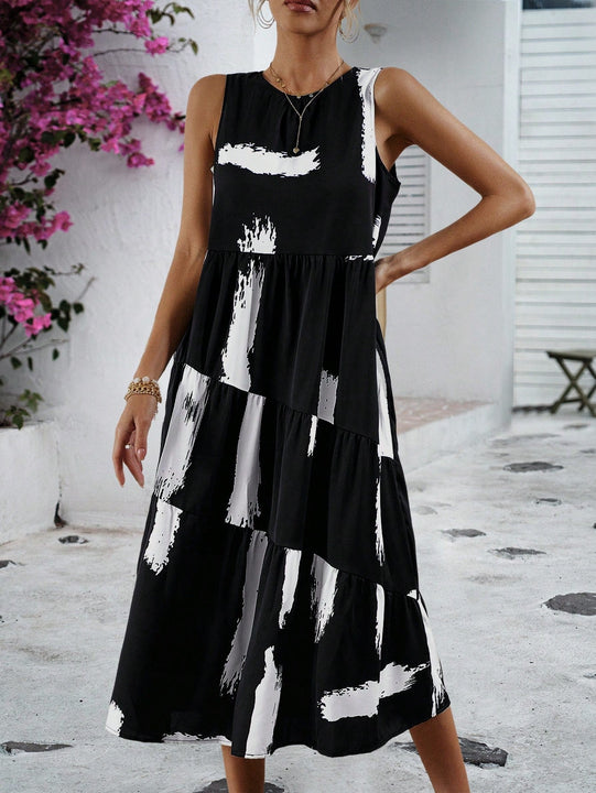 Vestido smock con estampado de pincelada bajo con fruncido con bolsillo oblicuo