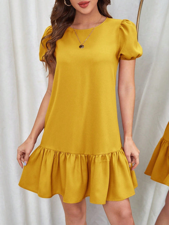 VCAY Vestido smock de manga farol bajo con fruncido