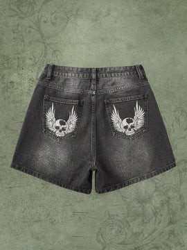 Grunge Punk Shorts en mezclilla de craneo & con estampado de ala