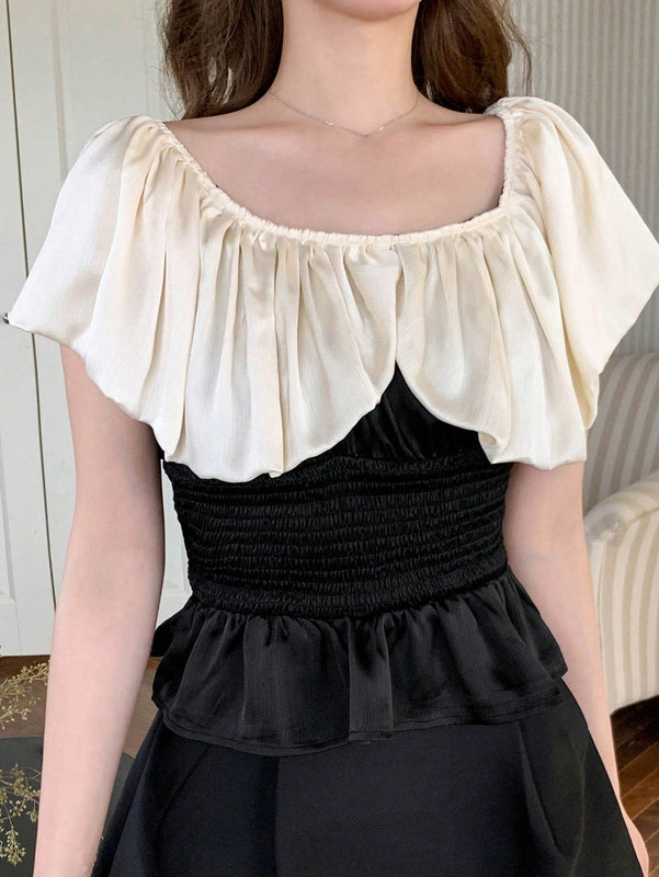 DAZY Blusa de dos tonos ribete con fruncido