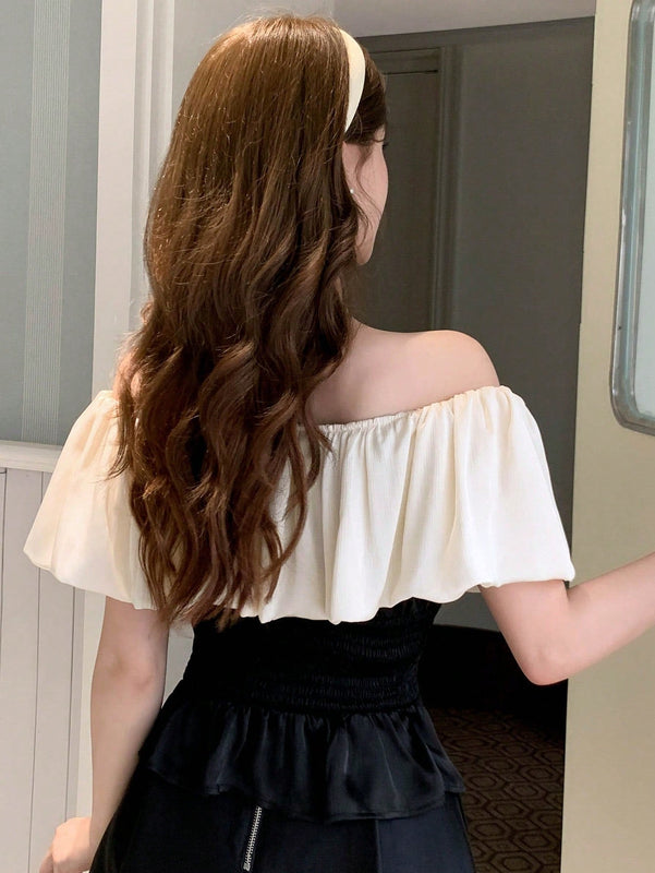 DAZY Blusa de dos tonos ribete con fruncido