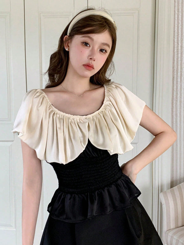 DAZY Blusa de dos tonos ribete con fruncido