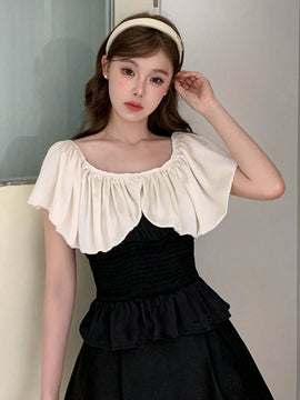 DAZY Blusa de dos tonos ribete con fruncido