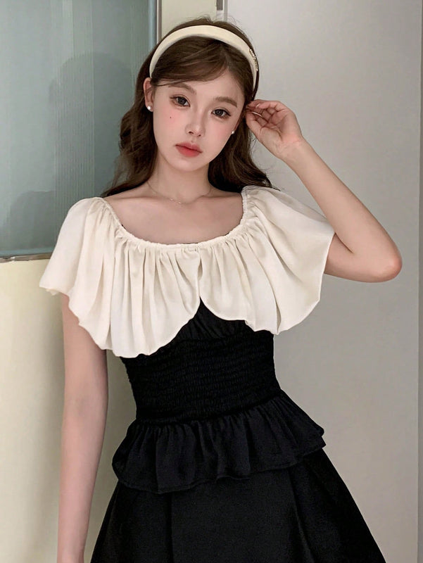DAZY Blusa de dos tonos ribete con fruncido