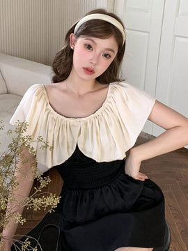 DAZY Blusa de dos tonos ribete con fruncido